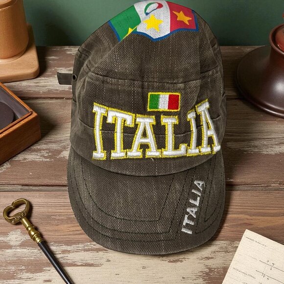 Vintage Italia Embroidered Brown Cap With Adjustable Strap - Picture 2 of 9